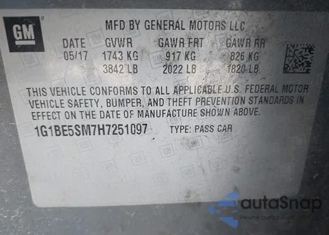 2017 Chevrolet Cruze Lt Auto из США, поврежденный, VIN 1G1BE5SM7H7251097